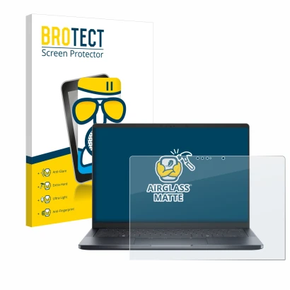 Face avant d’un emballage produit avec le logo de la marque BROTECT. À côté, l’appareil Dell Pro 14 Premium PA14250 Touch est 