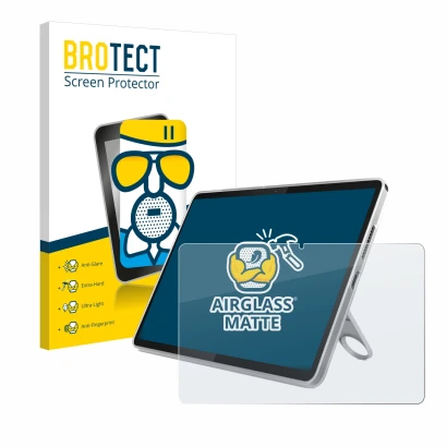 Face avant d’un emballage produit avec le logo de la marque BROTECT. À côté, l’appareil Lenovo Tab 10.1" est représenté avec l