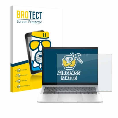 Face avant d’un emballage produit avec le logo de la marque BROTECT. À côté, l’appareil HP EliteBook X Flip G1i 14" est représ