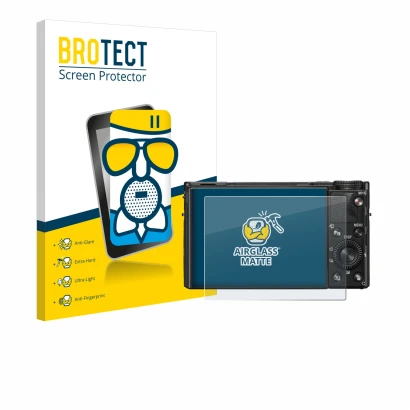 Face avant d’un emballage produit avec le logo de la marque BROTECT. À côté, l’appareil Sony Cyber-Shot DSC-RX100 VIIA est rep