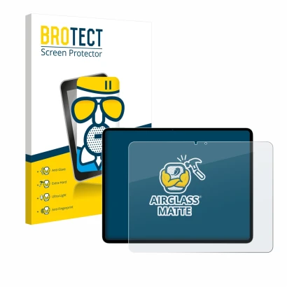 Face avant d’un emballage produit avec le logo de la marque BROTECT. À côté, l’appareil Apple iPad Air 13" M3 2025 est représe