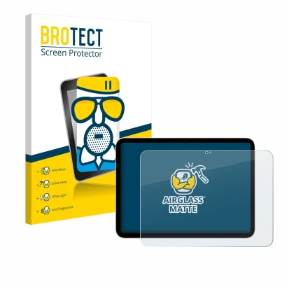 Face avant d’un emballage produit avec le logo de la marque BROTECT. À côté, l’appareil Apple iPad A16 11" WiFi 2025 (11ème Ge