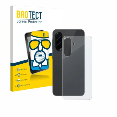 Face avant d’un emballage produit avec le logo de la marque BROTECT. À côté, l’appareil Samsung Galaxy A36 5G (Arrière) est re