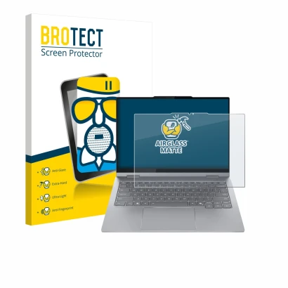 Face avant d’un emballage produit avec le logo de la marque BROTECT. À côté, l’appareil Lenovo ThinkBook 14 2-in-1 Gen 5 est r