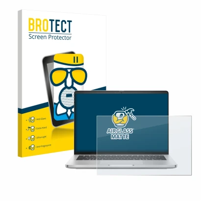 Face avant d’un emballage produit avec le logo de la marque BROTECT. À côté, l’appareil Dell Pro 14 Plus PB14250 est représent