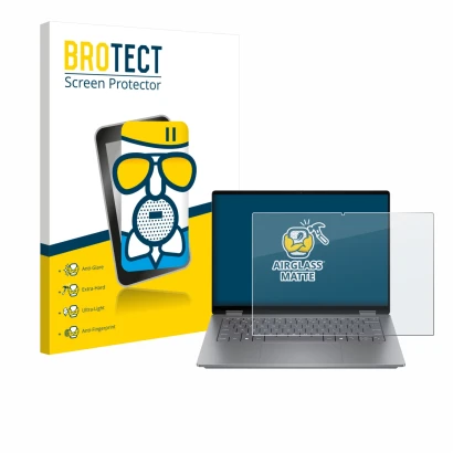 Face avant d’un emballage produit avec le logo de la marque BROTECT. À côté, l’appareil HP OmniBook X Flip 14 est représenté a