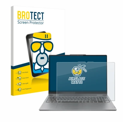 Face avant d’un emballage produit avec le logo de la marque BROTECT. À côté, l’appareil Lenovo IdeaPad 5 2-in-1 Gen 10 16" est