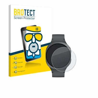 Face avant d’un emballage produit avec le logo de la marque BROTECT. À côté, l’appareil Samsung Galaxy Watch 8 (40 mm) est rep