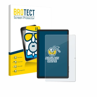 Face avant d’un emballage produit avec le logo de la marque BROTECT. À côté, l’appareil Doogee Tab E3 Pro 13 est représenté av