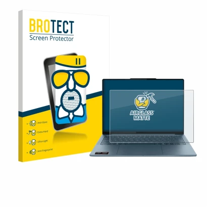 Face avant d’un emballage produit avec le logo de la marque BROTECT. À côté, l’appareil Lenovo Yoga Slim 7 Gen 10 14" Non-Touc