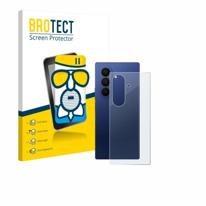 Face avant d’un emballage produit avec le logo de la marque BROTECT. À côté, l’appareil Samsung Galaxy Z Fold 7 (Arrière) est 