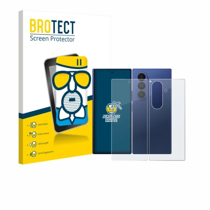 Face avant d’un emballage produit avec le logo de la marque BROTECT. À côté, l’appareil Samsung Galaxy Z Fold 7 (Avant+Arrière