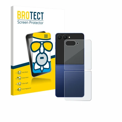 Face avant d’un emballage produit avec le logo de la marque BROTECT. À côté, l’appareil Samsung Galaxy Z Flip 7 (Arrière) est 