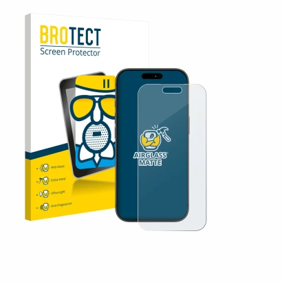 Face avant d’un emballage produit avec le logo de la marque BROTECT. À côté, l’appareil Apple iPhone 17 Pro Max est représenté