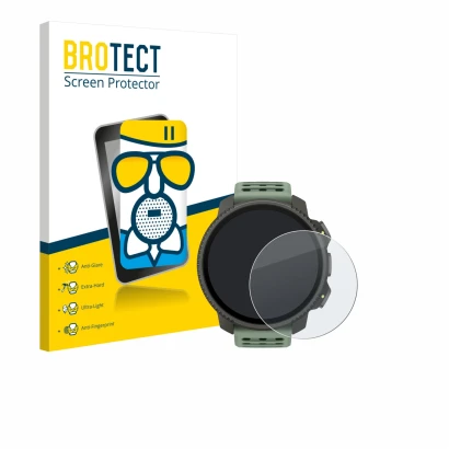 Face avant d’un emballage produit avec le logo de la marque BROTECT. À côté, l’appareil Suunto Vertical 2 est représenté avec 