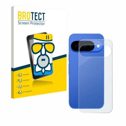 Face avant d’un emballage produit avec le logo de la marque BROTECT. À côté, l’appareil Google Pixel 10 (Arrière) est représen