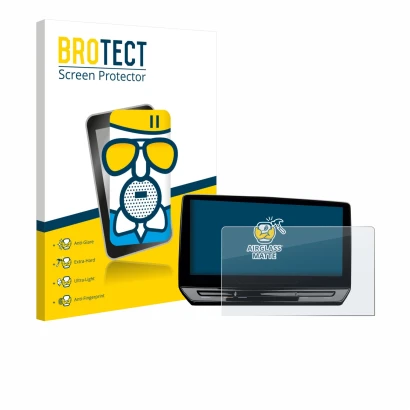 Face avant d’un emballage produit avec le logo de la marque BROTECT. À côté, l’appareil Cupra Leon Sportstourer VZ 12.9" 2025 