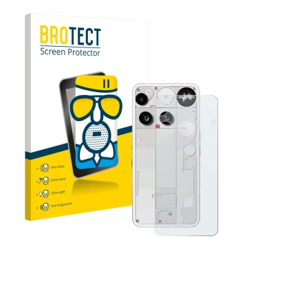 Face avant d’un emballage produit avec le logo de la marque BROTECT. À côté, l’appareil Nothing Phone (3) (Arrière) est représ