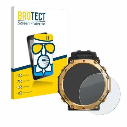 Face avant d’un emballage produit avec le logo de la marque BROTECT. À côté, l’appareil Huami Amazfit T-Rex 3 Pro (48 mm) est 