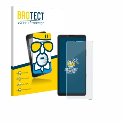 Face avant d’un emballage produit avec le logo de la marque BROTECT. À côté, l’appareil Sony Xperia 10 VII est représenté avec