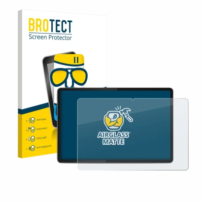 Face avant d’un emballage produit avec le logo de la marque BROTECT. À côté, l’appareil Lenovo Yoga Tab 11.1" 2025 est représe