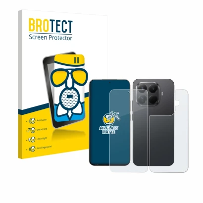 Face avant d’un emballage produit avec le logo de la marque BROTECT. À côté, l’appareil Xiaomi 15T Pro (Avant+Arrière) est rep