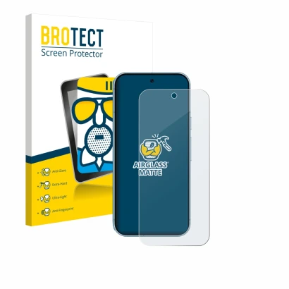 Face avant d’un emballage produit avec le logo de la marque BROTECT. À côté, l’appareil Google Pixel 9 (case-friendly) est rep