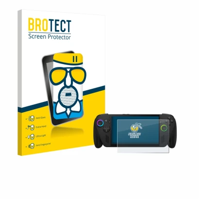 Face avant d’un emballage produit avec le logo de la marque BROTECT. À côté, l’appareil ASUS ROG Ally X 2025 est représenté av