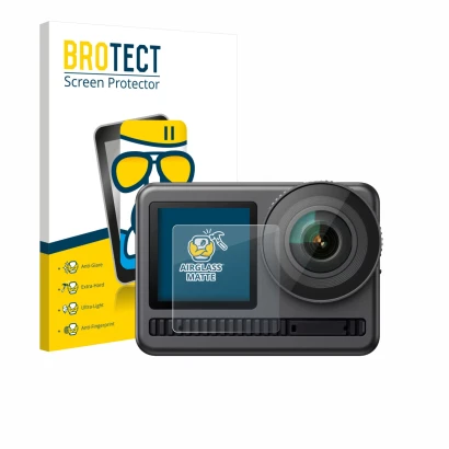 Face avant d’un emballage produit avec le logo de la marque BROTECT. À côté, l’appareil Akaso Brave 8 (Affichage avant) est re