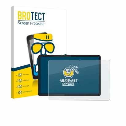 Face avant d’un emballage produit avec le logo de la marque BROTECT. À côté, l’appareil Lenovo Idea Tab Plus 12.1