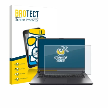 Face avant d’un emballage produit avec le logo de la marque BROTECT. À côté, l’appareil ASUS ROG Strix G18 G815 2025 est repré