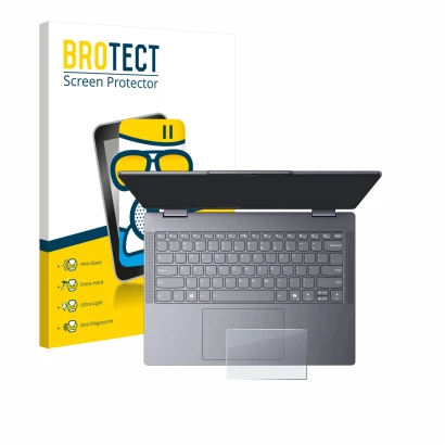 Face avant d’un emballage produit avec le logo de la marque BROTECT. À côté, l’appareil Lenovo IdeaPad 5 2-in-1 14" Touchpad e