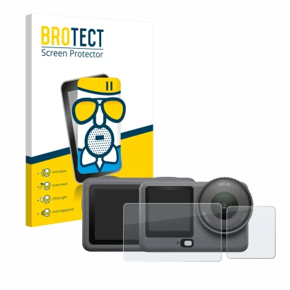 Face avant d’un emballage produit avec le logo de la marque BROTECT. À côté, l’appareil DJI Osmo Action 6 est représenté avec 