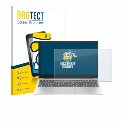 Face avant d’un emballage produit avec le logo de la marque BROTECT. À côté, l’appareil HP OmniBook 3 15" est représenté avec 