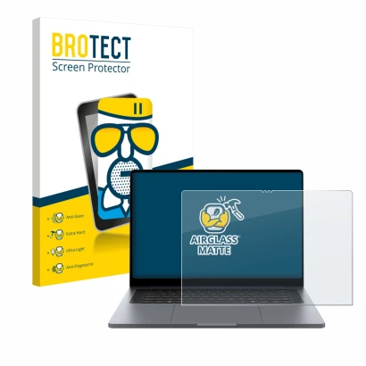 Face avant d’un emballage produit avec le logo de la marque BROTECT. À côté, l’appareil Samsung Galaxy Book6 Ultra 16" est rep