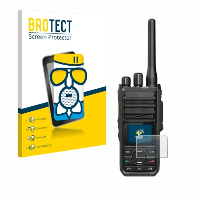 Face avant d’un emballage produit avec le logo de la marque BROTECT. À côté, l’appareil Hytera HP565 est représenté avec la pr