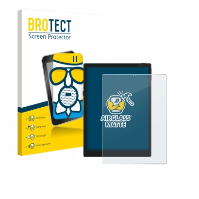 Face avant d’un emballage produit avec le logo de la marque BROTECT. À côté, l’appareil Hannspree Lumo 7.8 est représenté avec