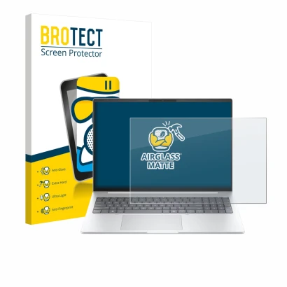 Face avant d’un emballage produit avec le logo de la marque BROTECT. À côté, l’appareil HP EliteBook 8 G1i 16