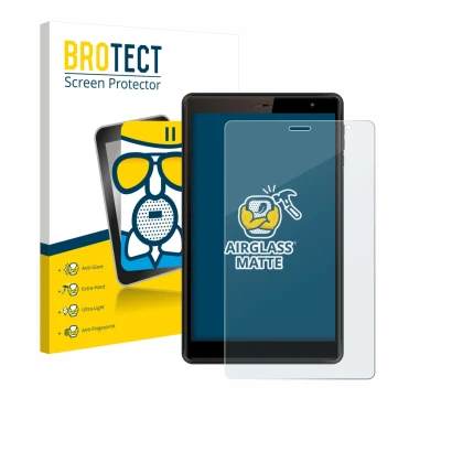 Face avant d’un emballage produit avec le logo de la marque BROTECT. À côté, l’appareil Logicom Tab 80 8