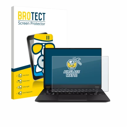 Face avant d’un emballage produit avec le logo de la marque BROTECT. À côté, l’appareil ASUS TUF Gaming A14 est représenté ave