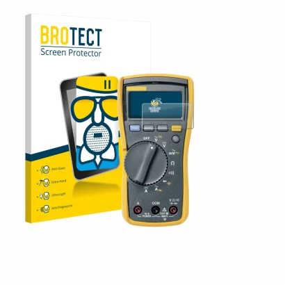 Face avant d’un emballage produit avec le logo de la marque BROTECT. À côté, l’appareil Fluke MultiMeter 115 est représenté av
