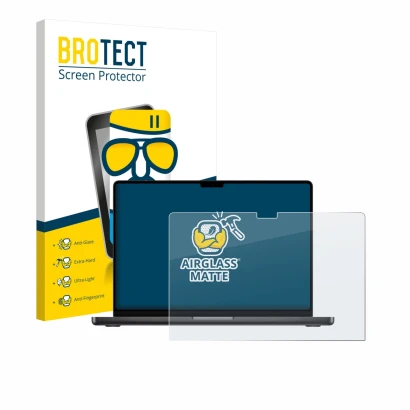 Face avant d’un emballage produit avec le logo de la marque BROTECT. À côté, l’appareil Apple MacBook Pro 16" M5 2026 est repr