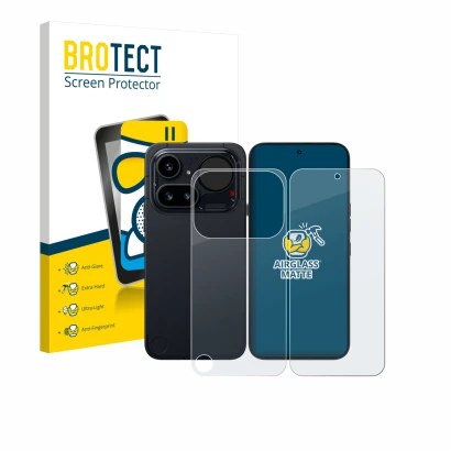 Face avant d’un emballage produit avec le logo de la marque BROTECT. À côté, l’appareil Nothing Phone (4a) Pro (Avant+Arrière)