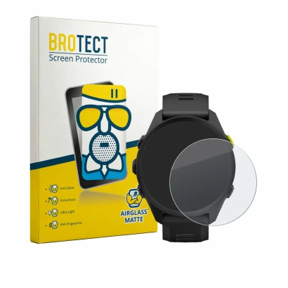 Face avant d’un emballage produit avec le logo de la marque BROTECT. À côté, l’appareil Garmin Forerunner 70 est représenté av