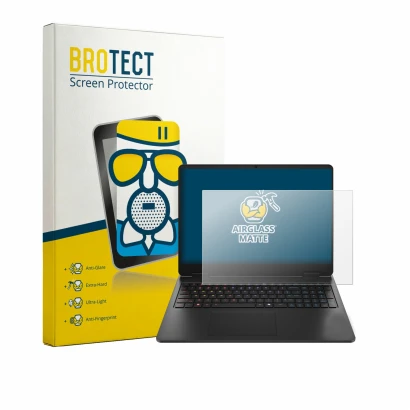 Face avant d’un emballage produit avec le logo de la marque BROTECT. À côté, l’appareil HP HyperX Omen 16 est représenté avec