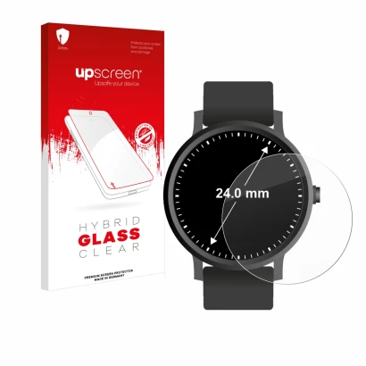 Face avant d’un emballage produit avec le logo de la marque upscreen. À côté, l’appareil Montres (Circulaire, ø: 24 mm) est re