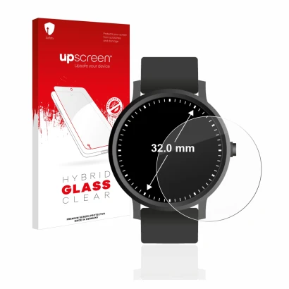 Face avant d’un emballage produit avec le logo de la marque upscreen. À côté, l’appareil Montres (Circulaire, ø: 32 mm) est re