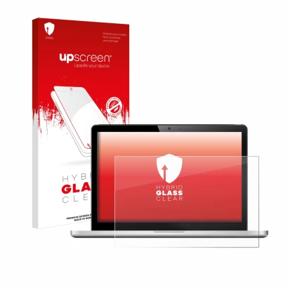 Face avant d’un emballage produit avec le logo de la marque upscreen. À côté, l’appareil est représenté avec la protection d’é