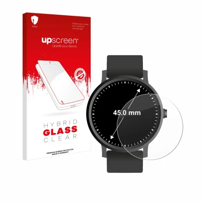 Face avant d’un emballage produit avec le logo de la marque upscreen. À côté, l’appareil Montres (Circulaire, ø: 45 mm) est re