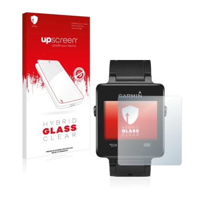 Face avant d’un emballage produit avec le logo de la marque upscreen. À côté, l’appareil Garmin vivoactive est représenté avec